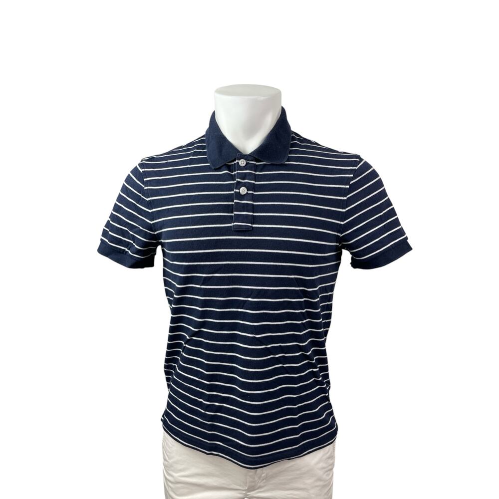 J.Crew Flex Pique Mens Navy Blue Striped Short Sleeve Golf Polo Shirt Top Size S